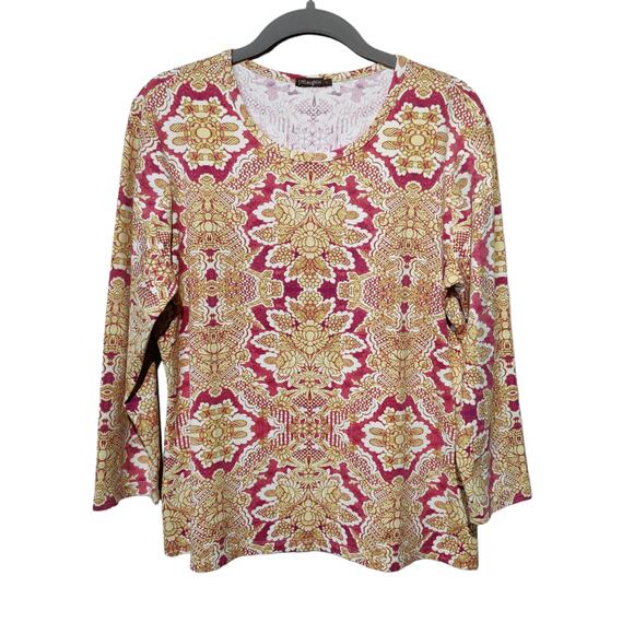 J. McLaughlin Women's Sz L Catalina Cloth Gold Pink Print Long Sleeve Shirt - Picture 1 of 5